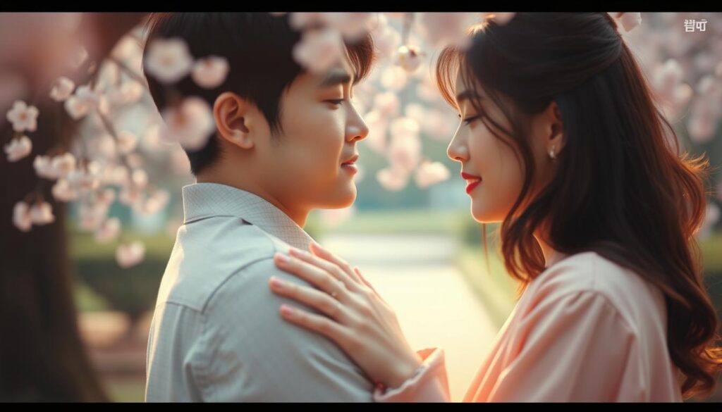 A romantic Korean drama scene with a dreamy, soft-focus aesthetic. In the foreground, two young lovers embrace tenderly, their faces close and expressions filled with longing. The middle ground features a scenic backdrop of a lush garden, with delicate cherry blossoms in full bloom, the petals gently swirling in the breeze. The lighting is warm and diffused, creating a hazy, ethereal atmosphere that heightens the romantic mood. The camera angle is slightly elevated, providing a slightly elevated perspective that enhances the intimate, almost voyeuristic feel of the scene. The overall effect is one of pure, unadulterated romance, capturing the essence of a captivating Korean drama.