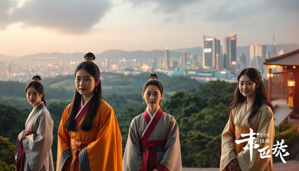 A serene and vibrant scene showcasing the artistry of Korean drama. In the foreground, a group of actors in traditional Korean costumes stand poised, their expressions conveying the emotional depth and nuance that captivates global audiences. The middle ground features a backdrop of lush, verdant landscapes, hinting at the diverse settings that transport viewers to the heart of Korean culture. Soft, warm lighting illuminates the scene, creating an inviting and immersive atmosphere. In the background, a city skyline with modern high-rises and neon-lit streets suggests the blend of tradition and modernity that defines the allure of Korean entertainment. The overall composition evokes the rich storytelling and cinematic excellence that have made Korean dramas a beloved global phenomenon.