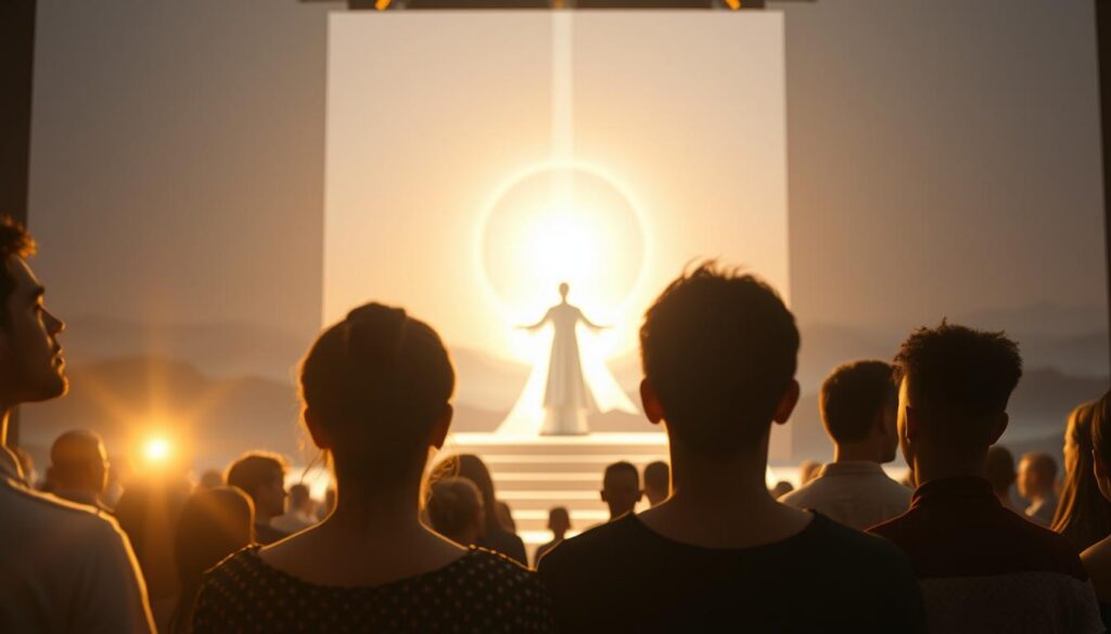 A serene digital sanctuary, a virtual congregation transforming lives. In the foreground, a group of diverse individuals, their expressions alight with reverence and wonder, basking in the warm glow of a holistic, immersive worship experience. The middle ground features a captivating, minimalist stage, with a central focus on a dynamic, ethereal figure - a digital avatar, a symbol of spiritual guidance and connection. The background fades into a serene, abstract landscape, hinting at the boundless possibilities of this virtual realm. Soft, diffused lighting casts a contemplative atmosphere, while the camera angle conveys a sense of intimate connection, drawing the viewer into this transformative, digital sacred space. A serene digital sanctuary, a virtual congregation transforming lives. In the foreground, a group of diverse individuals, their expressions alight with reverence and wonder, basking in the warm glow of a holistic, immersive worship experience. The middle ground features a captivating, minimalist stage, with a central focus on a dynamic, ethereal figure - a digital avatar, a symbol of spiritual guidance and connection. The background fades into a serene, abstract landscape, hinting at the boundless possibilities of this virtual realm. Soft, diffused lighting casts a contemplative atmosphere, while the camera angle conveys a sense of intimate connection, drawing the viewer into this transformative, digital sacred space.