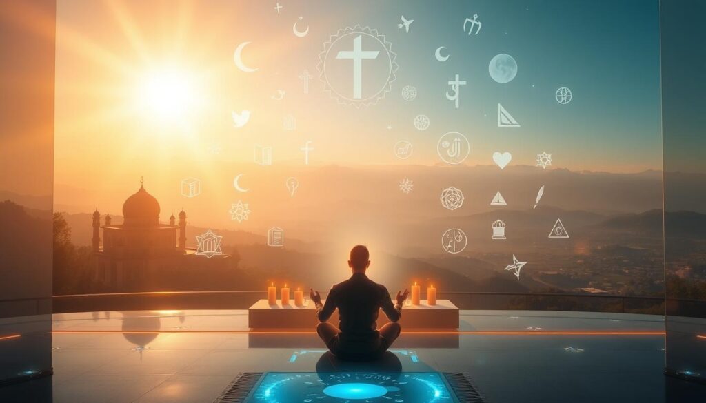 A serene digital sanctuary, bathed in warm, ethereal light. In the foreground, a figure meditates, their silhouette illuminated by a soft, ambient glow. Surrounding them, digital icons and symbols representing different faiths, subtly intertwined, creating a harmonious tapestry of spiritual connection. In the middle ground, a virtual altar, adorned with holographic candles and floating, interactive scriptures. The background reveals a vast, boundless digital realm, where distant structures and landscapes blend seamlessly with the natural world, inviting the viewer to embark on a transcendent, immersive journey of religious exploration and personal enlightenment. A serene digital sanctuary, bathed in warm, ethereal light. In the foreground, a figure meditates, their silhouette illuminated by a soft, ambient glow. Surrounding them, digital icons and symbols representing different faiths, subtly intertwined, creating a harmonious tapestry of spiritual connection. In the middle ground, a virtual altar, adorned with holographic candles and floating, interactive scriptures. The background reveals a vast, boundless digital realm, where distant structures and landscapes blend seamlessly with the natural world, inviting the viewer to embark on a transcendent, immersive journey of religious exploration and personal enlightenment.