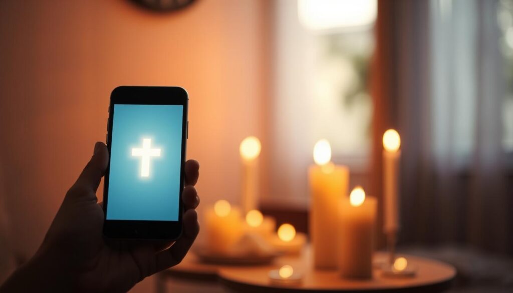 A serene mobile app interface showcases a warm, inviting spiritual experience. In the foreground, a modern smartphone displays a clean, minimalist design with a soft, glowing cross icon, symbolizing a digital sacred space. The middle ground features a blurred background of a cozy, candlelit room, creating a contemplative atmosphere. Subtle lighting from the screen casts a gentle, comforting glow, guiding the user's focus to the app's core functionality. The overall composition conveys a sense of tranquility, inspiration, and connection, reflecting the app's purpose as a tool for spiritual wellness and live worship services. A serene mobile app interface showcases a warm, inviting spiritual experience. In the foreground, a modern smartphone displays a clean, minimalist design with a soft, glowing cross icon, symbolizing a digital sacred space. The middle ground features a blurred background of a cozy, candlelit room, creating a contemplative atmosphere. Subtle lighting from the screen casts a gentle, comforting glow, guiding the user's focus to the app's core functionality. The overall composition conveys a sense of tranquility, inspiration, and connection, reflecting the app's purpose as a tool for spiritual wellness and live worship services.