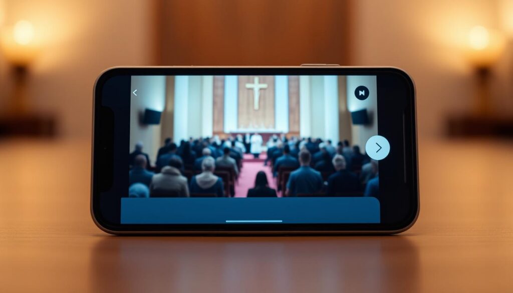 A serene, modern mobile app interface displaying a livestream of an online religious service. In the foreground, an elegant mobile device showcases the Hallow app's clean, intuitive design, highlighting its key features. The middle ground depicts a cinematic, high-quality video feed of a virtual congregation engaged in prayer and worship, creating a sense of immersion. The background subtly suggests a calming, spiritual ambiance with muted, warm tones, conveying the app's ability to bring the sacred experience directly to the user's fingertips. Soft, diffused lighting enhances the atmosphere, while the camera angle and perspective create a sense of intimate connection with the digital congregation. A serene, modern mobile app interface displaying a livestream of an online religious service. In the foreground, an elegant mobile device showcases the Hallow app's clean, intuitive design, highlighting its key features. The middle ground depicts a cinematic, high-quality video feed of a virtual congregation engaged in prayer and worship, creating a sense of immersion. The background subtly suggests a calming, spiritual ambiance with muted, warm tones, conveying the app's ability to bring the sacred experience directly to the user's fingertips. Soft, diffused lighting enhances the atmosphere, while the camera angle and perspective create a sense of intimate connection with the digital congregation.