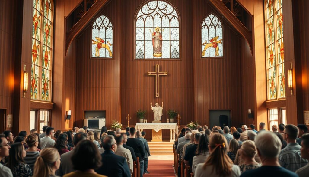 A serene online church interior, bathed in warm, natural lighting filtering through large stained-glass windows. In the foreground, a virtual congregation of diverse parishioners engages in worship, their faces peaceful and contemplative. The middle ground features a digital altar adorned with symbolic religious artifacts, creating a sense of sacred space. The background depicts a tranquil, cloud-filled sky, conveying a feeling of transcendence and divine connection. The overall mood is one of spiritual fulfillment and the convenience of accessing faith-based community from the comfort of one's home. A serene online church interior, bathed in warm, natural lighting filtering through large stained-glass windows. In the foreground, a virtual congregation of diverse parishioners engages in worship, their faces peaceful and contemplative. The middle ground features a digital altar adorned with symbolic religious artifacts, creating a sense of sacred space. The background depicts a tranquil, cloud-filled sky, conveying a feeling of transcendence and divine connection. The overall mood is one of spiritual fulfillment and the convenience of accessing faith-based community from the comfort of one's home.
