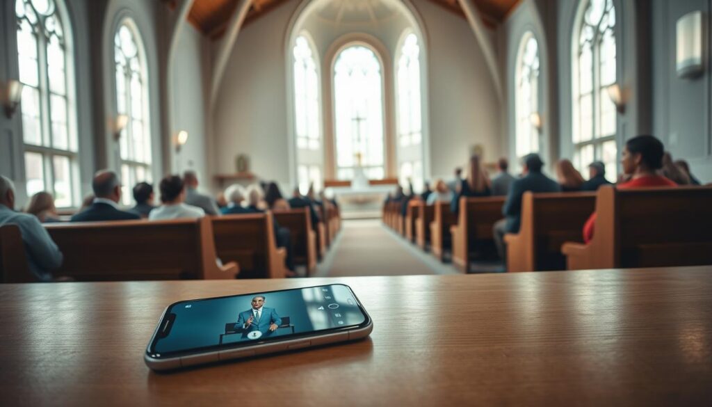A serene, well-lit interior of a modern church, with rows of wooden pews and large windows allowing natural light to stream in. In the foreground, a sleek, minimalist smartphone rests on one of the pews, its screen displaying a live video feed of a pastor delivering a sermon. The mid-ground features a group of people gathered, some sitting and others standing, all intently watching the service on their own mobile devices. The background showcases the architectural details of the church, such as high ceilings, ornate columns, and a simple, yet elegant altar. The overall atmosphere conveys a sense of community, spiritual connection, and the convenience of a mobile-friendly religious experience. A serene, well-lit interior of a modern church, with rows of wooden pews and large windows allowing natural light to stream in. In the foreground, a sleek, minimalist smartphone rests on one of the pews, its screen displaying a live video feed of a pastor delivering a sermon. The mid-ground features a group of people gathered, some sitting and others standing, all intently watching the service on their own mobile devices. The background showcases the architectural details of the church, such as high ceilings, ornate columns, and a simple, yet elegant altar. The overall atmosphere conveys a sense of community, spiritual connection, and the convenience of a mobile-friendly religious experience.