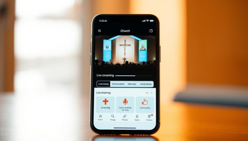 A sleek and modern mobile application interface with a clean, minimalist design. The app's logo prominently displayed at the top, featuring a stylized cross in a warm, earthy tone. The main screen showcases a live video feed of a church service, capturing the sense of community and spiritual connection. The layout is intuitive, with clearly labeled sections for features like live streaming, sermon archives, and community engagement tools. Warm lighting illuminates the app's interface, creating a welcoming and inviting atmosphere. The overall aesthetic is professional yet approachable, reflecting the app's purpose of bringing the church experience to the digital realm. A sleek and modern mobile application interface with a clean, minimalist design. The app's logo prominently displayed at the top, featuring a stylized cross in a warm, earthy tone. The main screen showcases a live video feed of a church service, capturing the sense of community and spiritual connection. The layout is intuitive, with clearly labeled sections for features like live streaming, sermon archives, and community engagement tools. Warm lighting illuminates the app's interface, creating a welcoming and inviting atmosphere. The overall aesthetic is professional yet approachable, reflecting the app's purpose of bringing the church experience to the digital realm.