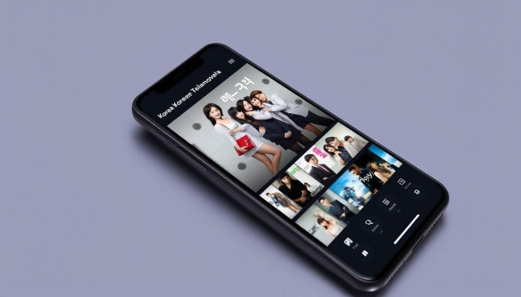A sleek, modern mobile app interface for the PlutoTV streaming platform, prominently displaying a selection of popular Korean drama series. The app's design is clean and intuitive, with a dark, sophisticated color palette and bold typography. The screen presents a curated collection of Korean telenovela thumbnails, each one showcasing the unique visual style and captivating narratives of these beloved shows. The interface conveys a sense of accessibility and convenience, inviting the user to easily discover and immerse themselves in the vibrant world of Korean television dramas.