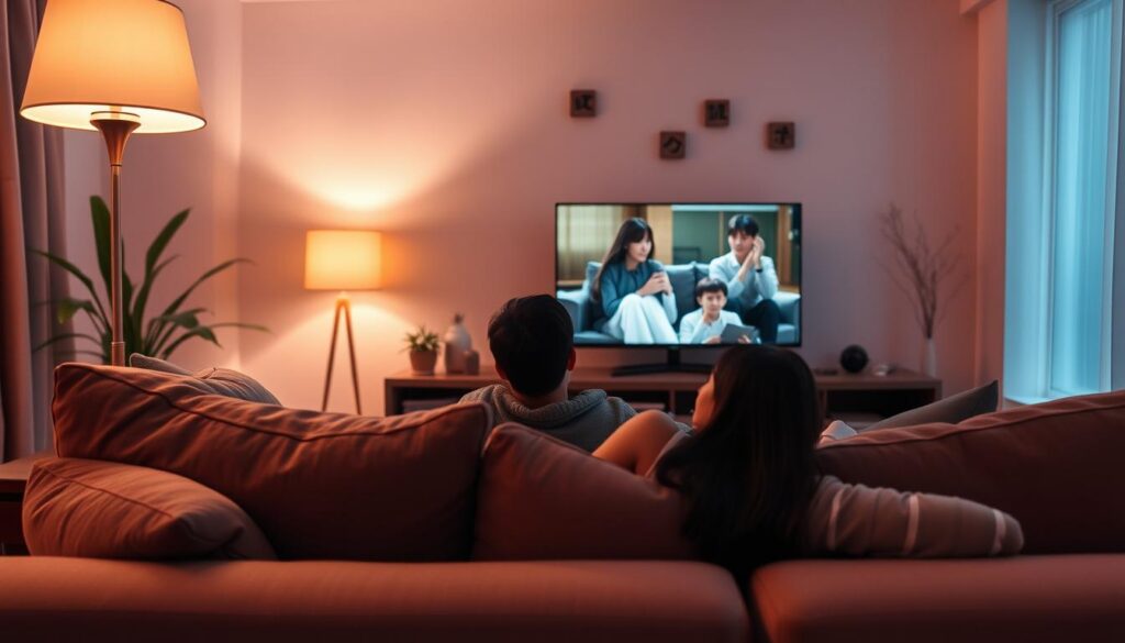 A vibrant and tranquil scene showcasing the benefits of watching Korean dramas. In the foreground, a cozy living room with a large, comfortable couch and plush pillows. Soft, warm lighting from a nearby lamp creates a cozy, inviting atmosphere. In the middle ground, a person relaxed on the sofa, immersed in a Korean drama playing on a high-definition television. The background features a serene, minimalist wall decor, conveying a sense of peace and relaxation. The overall mood is one of tranquility, comfort, and the joy of discovering new cultures through captivating storytelling.