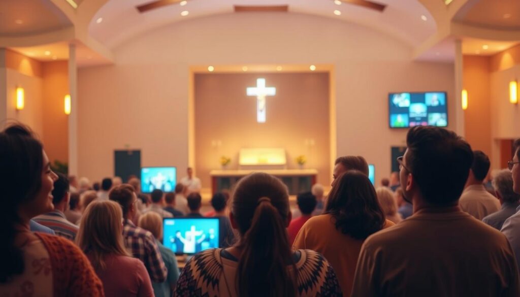 A vibrant and welcoming virtual religious community, bathed in warm, ambient lighting. In the foreground, a group of diverse worshippers engage in joyful worship, their expressions reflecting a deep sense of connection and belonging. The middle ground features a modern, technology-enabled sanctuary, where a serene, digital altar and interactive screens facilitate remote participation. In the background, a softly-blurred cityscape symbolizes the integration of this community into the larger social fabric. The overall atmosphere conveys a harmonious fusion of tradition and technology, enabling a meaningful spiritual experience for all. A vibrant and welcoming virtual religious community, bathed in warm, ambient lighting. In the foreground, a group of diverse worshippers engage in joyful worship, their expressions reflecting a deep sense of connection and belonging. The middle ground features a modern, technology-enabled sanctuary, where a serene, digital altar and interactive screens facilitate remote participation. In the background, a softly-blurred cityscape symbolizes the integration of this community into the larger social fabric. The overall atmosphere conveys a harmonious fusion of tradition and technology, enabling a meaningful spiritual experience for all.