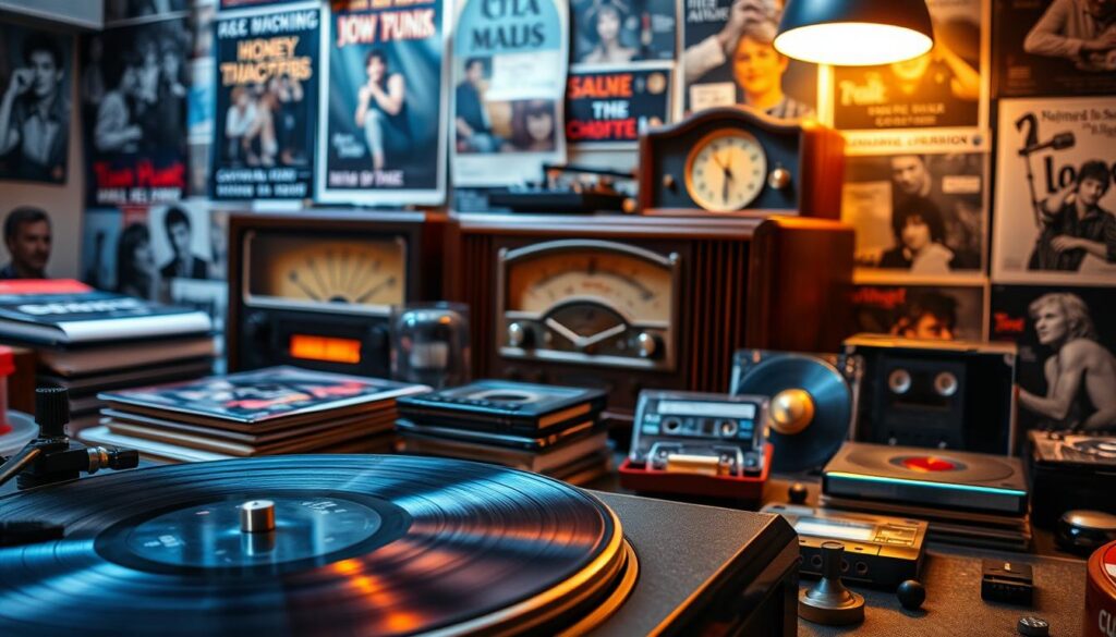 A vibrant, nostalgic scene of vintage music memorabilia. In the foreground, a classic turntable, its warm glow illuminating a stack of well-worn vinyl records. Surrounding it, an assortment of retro cassette tapes and compact discs, each bearing the iconic album covers of timeless musical hits. The middle ground features an ornate, wooden radio, its analog dials and gauges hinting at a bygone era of analog sound. In the background, a collage of concert posters and faded photographs captures the essence of musical eras past, inviting the viewer to reminisce about the special connection between people and the music they love. Soft, ambient lighting casts a serene, nostalgic atmosphere, evoking a sense of warmth and nostalgia.