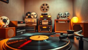 A vibrant, retro-inspired scene depicting the essence of "música retrô". In the foreground, a classic turntable with vinyl record spins, its warm glow illuminating the surrounding space. In the middle ground, vintage analog equipment such as reel-to-reel tape decks and a retro-style radio create a nostalgic atmosphere. The background features muted, textured walls with subtle, warm lighting, evoking a cozy, intimate setting reminiscent of a 1970s listening room. The overall composition captures the timeless allure and tactile charm of analog music, inviting the viewer to immerse themselves in the soulful, retro ambiance.