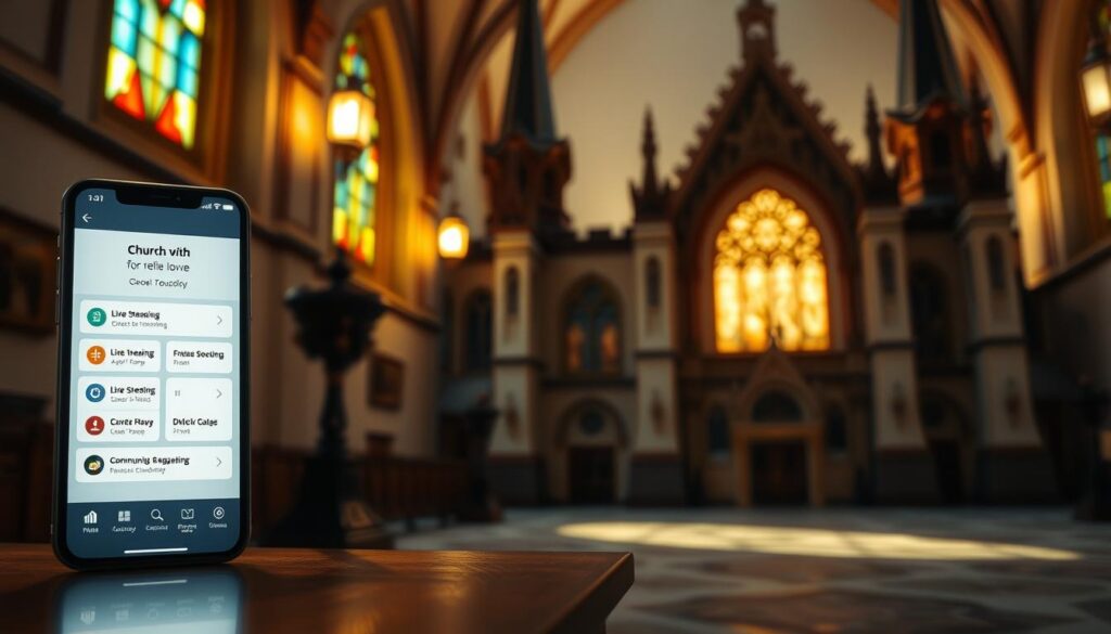An elegant church app interface with a serene, spiritual atmosphere. In the foreground, a smartphone displays a clean, intuitive design with options for live streaming, event scheduling, and community engagement. The middle ground features a stained-glass window casting warm, ethereal light throughout the scene. The background depicts a traditional church exterior, with towering spires and ornate architectural details, conveying a sense of timeless devotion. The overall composition suggests a harmonious blend of modern technology and timeless faith, creating an inviting and immersive experience for the user. An elegant church app interface with a serene, spiritual atmosphere. In the foreground, a smartphone displays a clean, intuitive design with options for live streaming, event scheduling, and community engagement. The middle ground features a stained-glass window casting warm, ethereal light throughout the scene. The background depicts a traditional church exterior, with towering spires and ornate architectural details, conveying a sense of timeless devotion. The overall composition suggests a harmonious blend of modern technology and timeless faith, creating an inviting and immersive experience for the user.