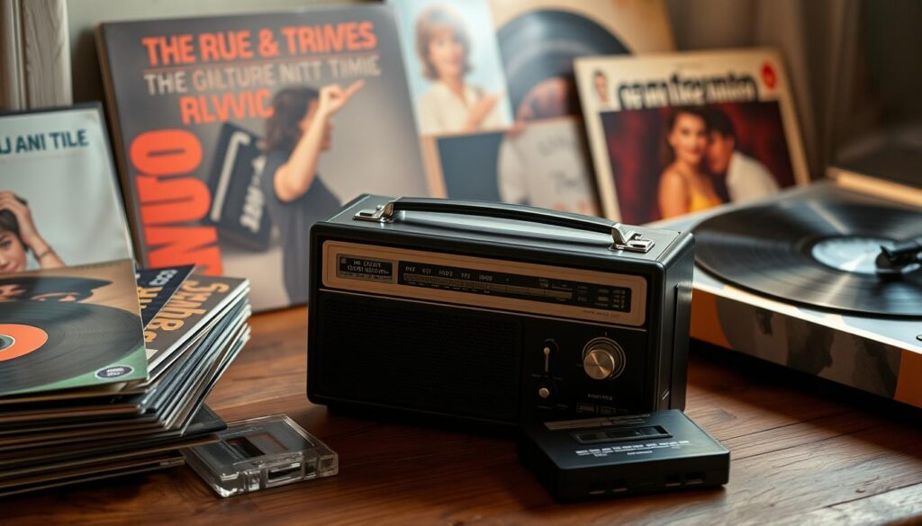 An old-fashioned portable radio resting on a wooden table, surrounded by vintage vinyl records, cassette tapes, and a retro-style turntable. Soft, warm lighting casts a nostalgic glow, evoking a cozy, intimate atmosphere. The records are stacked neatly, their covers displaying iconic album artwork from the golden age of music. The turntable's sleek, brushed metal design and analog dials suggest a time when listening to music was a deliberate, immersive experience. The overall scene invites the viewer to step back in time and savor the timeless charm of "só músicas antigas."